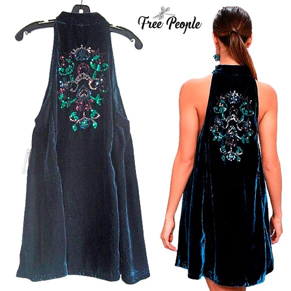 FREE PEOPLE NEW JILL Halter Embellished-Sequin Velour Swing Dress XS - Picture 10 of 12